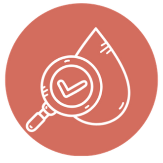 Icon of a magnifying glass with a check mark on a red circle background