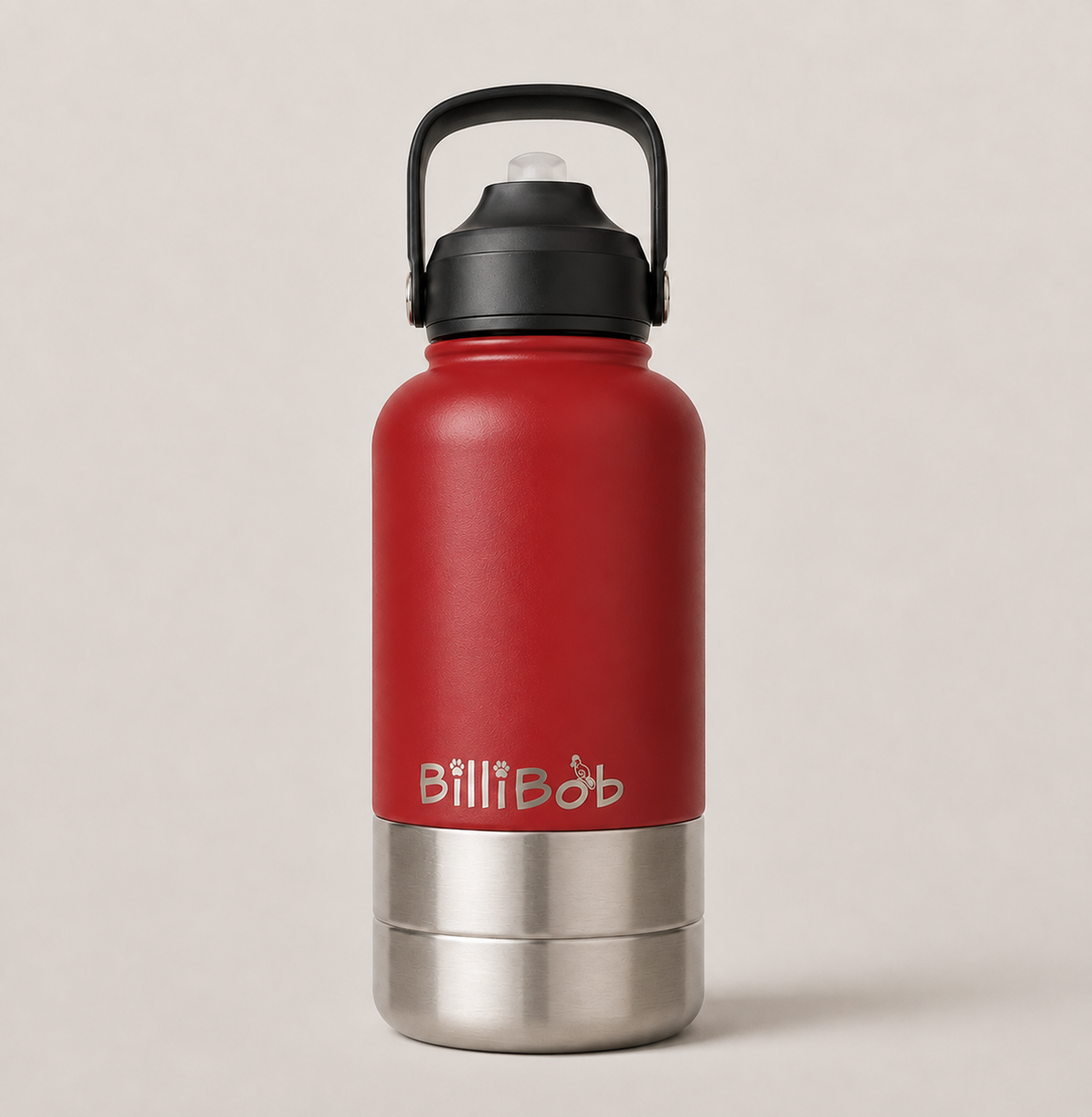 A matte red insulated water bottle with a black flip-top lid and handle, featuring a brushed silver stainless steel base. The brand name 'BillBob' is printed in white near the bottom.