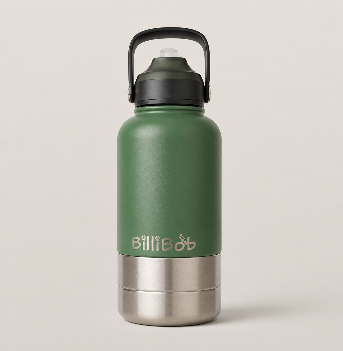 A matte green BilliBob insulated water bottle with a black lid and handle, and a stainless steel base, shown on a light beige background.