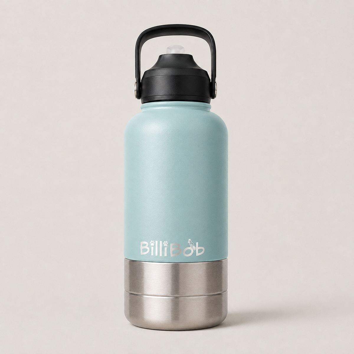 A light blue insulated water bottle with a black carry lid and a brushed stainless steel base, featuring the Bill Bob logo on the front, set against a neutral light beige background.